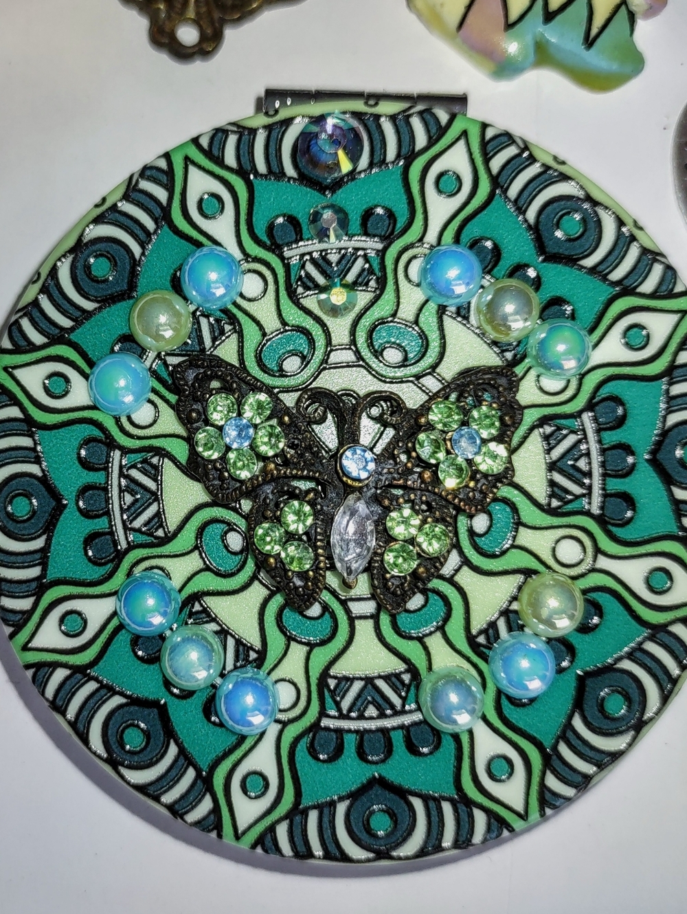 Aqua, Green & Teal Compact Magnifying Mirror on Mandala Design Of Choice